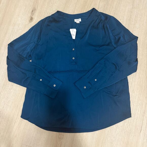 NWT J. Crew Shadow Striped Long Sleeve Popover Placket Blouse Blue Medium - Picture 2 of 5